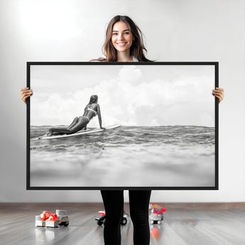 69798068-MGV-CV-36X24-Black White Surfing Wall Art Canvas Print, Framed Ocean Horizon Art Picture Print, Surfer Girl Perfect Coastal Adventure Decor