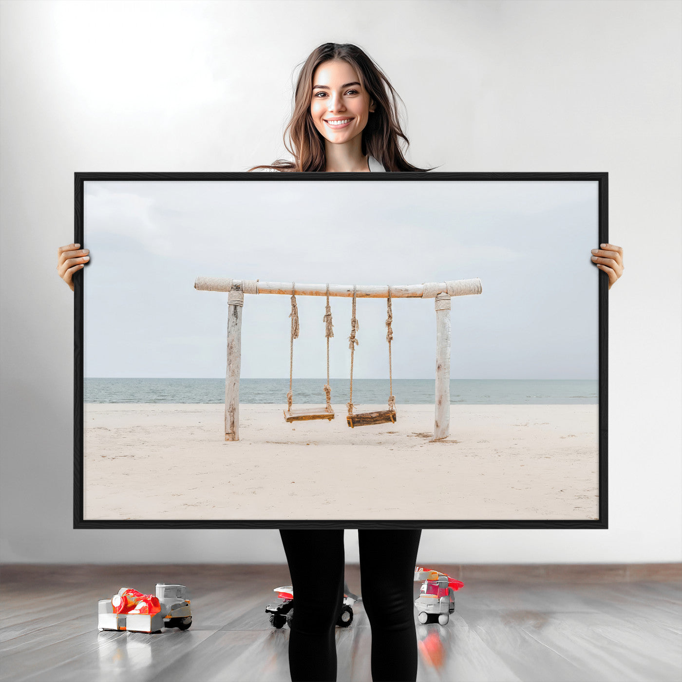 68327283-MGV-CV-36X24-Beach Swing Wall Art Canvas Print, Framed Quiet Beach Art Picture Print, Calm Shoreline Perfect Bohemian Coastal Decor Artwork