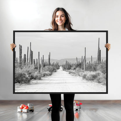 35537313-MGV-CV-36X24-Monochrome Desert Wall Art Canvas Print, Framed Cactus Path Art Picture Print, Southwestern Landscape Perfect Southwestern