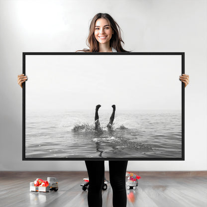 26667396-MGV-CV-36X24-Black White Ocean Wall Art Canvas Print, Framed Monochrome Water Art Picture Print, Diving into Water Perfect Minimalist Aquatic