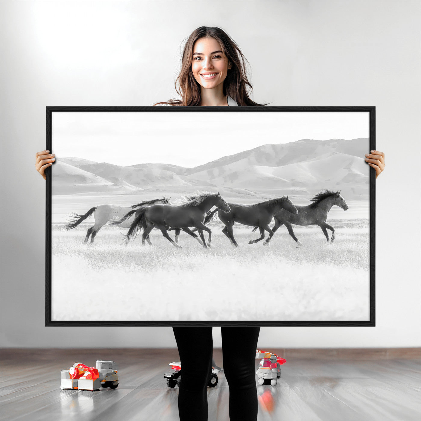 69934913-MGV-CV-36X24-Wild Horses Running Wall Art Canvas Print, Framed Black White Mustangs Art Picture Print, Rustic Western Perfect Rustic Western