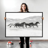 69934913-MGV-CV-36X24-Wild Horses Running Wall Art Canvas Print, Framed Black White Mustangs Art Picture Print, Rustic Western Perfect Rustic Western