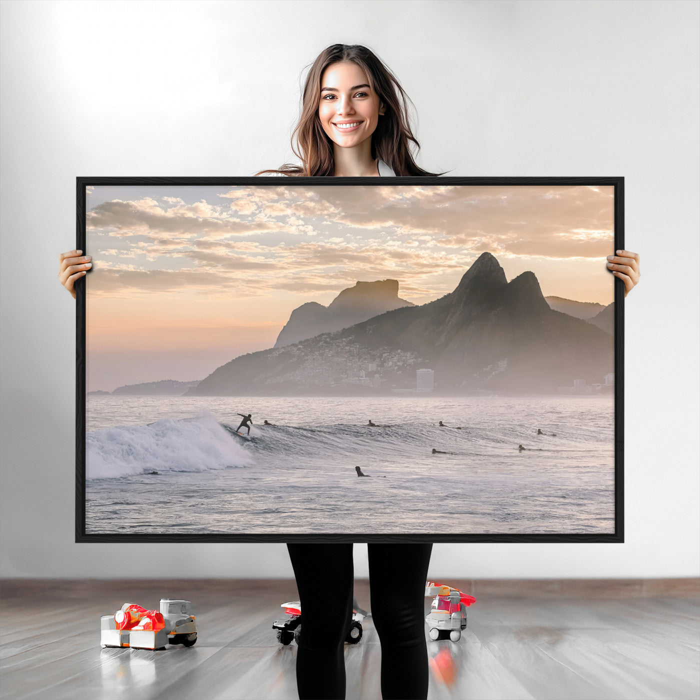 70644906-MGV-CV-36X24-Sunset Surfing Wall Art Canvas Print, Framed Misty Mountains Art Picture Print, Surfer Riding Wave Perfect Coastal Adventure Decor