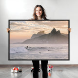 70644906-MGV-CV-36X24-Sunset Surfing Wall Art Canvas Print, Framed Misty Mountains Art Picture Print, Surfer Riding Wave Perfect Coastal Adventure Decor