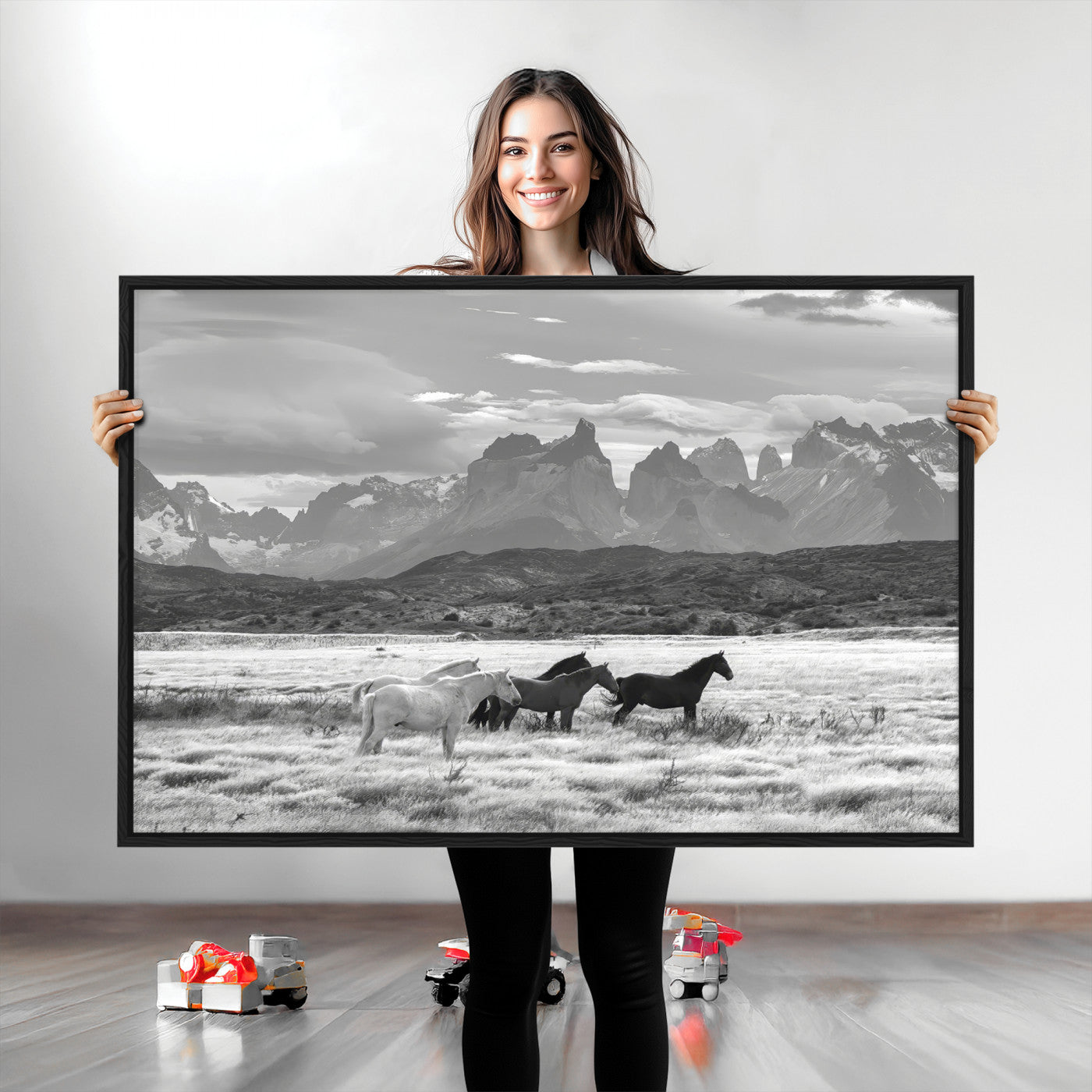 21655040-MGV-CV-36X24-Wild Horses Wall Art Canvas Print, Framed Black White Mountains Art Picture Print, Rustic Countryside Perfect Rustic Western Decor