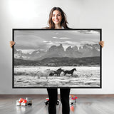 21655040-MGV-CV-36X24-Wild Horses Wall Art Canvas Print, Framed Black White Mountains Art Picture Print, Rustic Countryside Perfect Rustic Western Decor