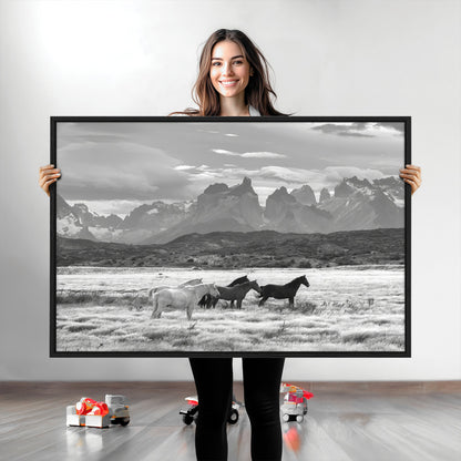 21655040-MGV-CV-36X24-Wild Horses Wall Art Canvas Print, Framed Black White Mountains Art Picture Print, Rustic Countryside Perfect Rustic Western Decor