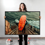 84555848-MGV-CV-36X24-Surfer Stairway Wall Art Canvas Print, Framed Ocean Surf Art Picture Print, Sunset Coastal Perfect Coastal Adventure Decor Artwork