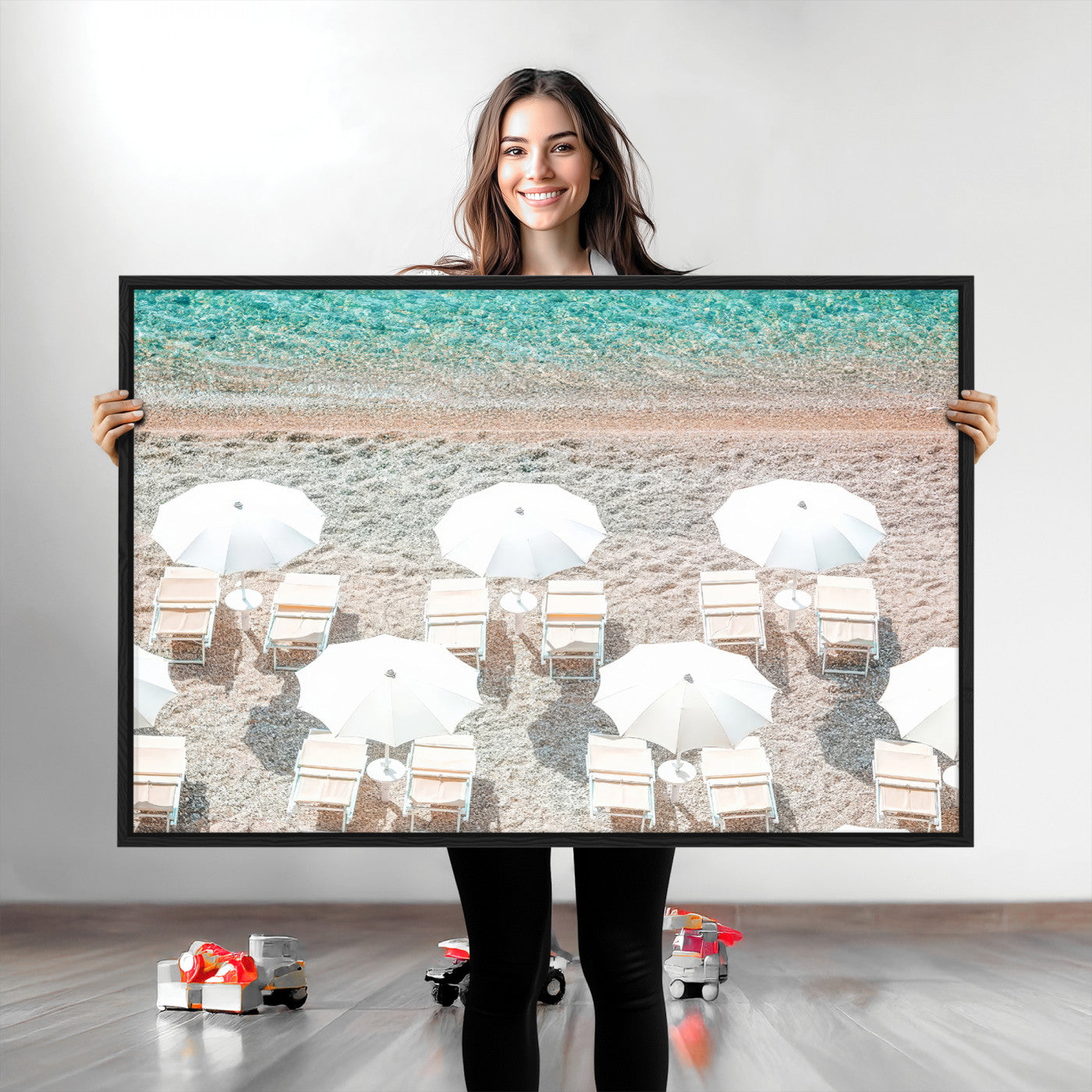 83736167-MGV-CV-36X24-Calm Beach Wall Art Canvas Print, Framed Turquoise Water Art Picture Print, Umbrella Shoreline Perfect Coastal Minimalist Decor