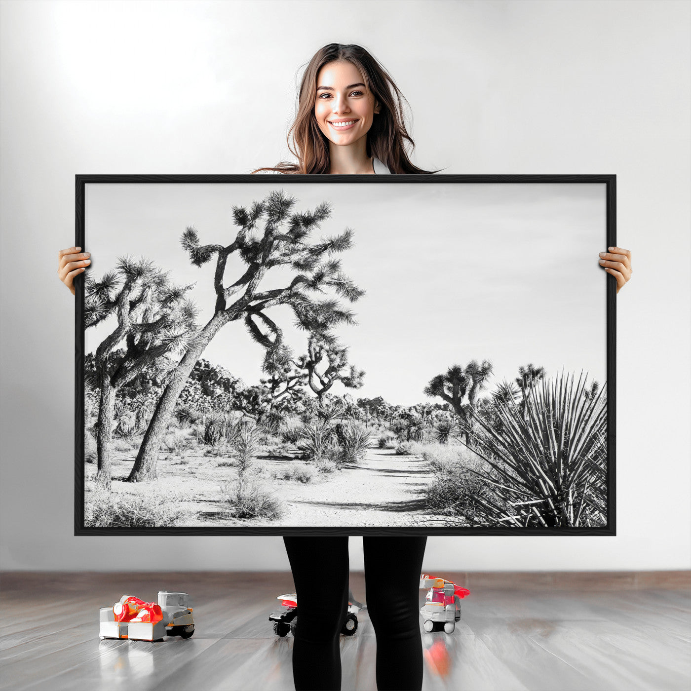 88164251-MGV-CV-36X24-Joshua Tree Wall Art Canvas Print, Framed Desert Path Art Picture Print, Monochrome Desert Perfect Minimalist Desert Decor Artwork