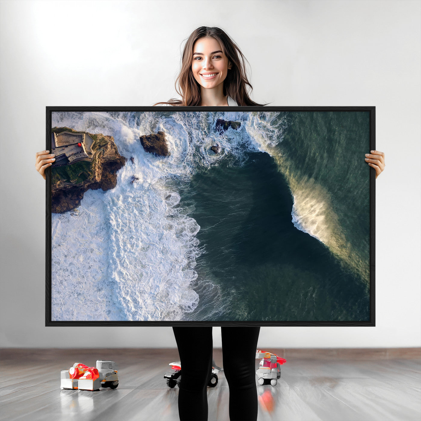 37405684-MGV-CV-36X24-Nazare Coast Wall Art Canvas Print, Framed Aerial Ocean Art Picture Print, Coastal Fortress Perfect Dramatic Coastal Decor Artwork