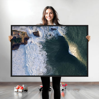 37405684-MGV-CV-36X24-Nazare Coast Wall Art Canvas Print, Framed Aerial Ocean Art Picture Print, Coastal Fortress Perfect Dramatic Coastal Decor Artwork