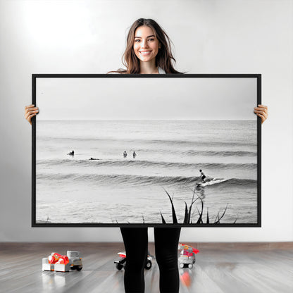 33821421-MGV-CV-36X24-Surfer Silhouette Wall Art Canvas Print, Framed Calm Ocean Art Picture Print, Monochrome Surf Perfect Minimalist Coastal Decor
