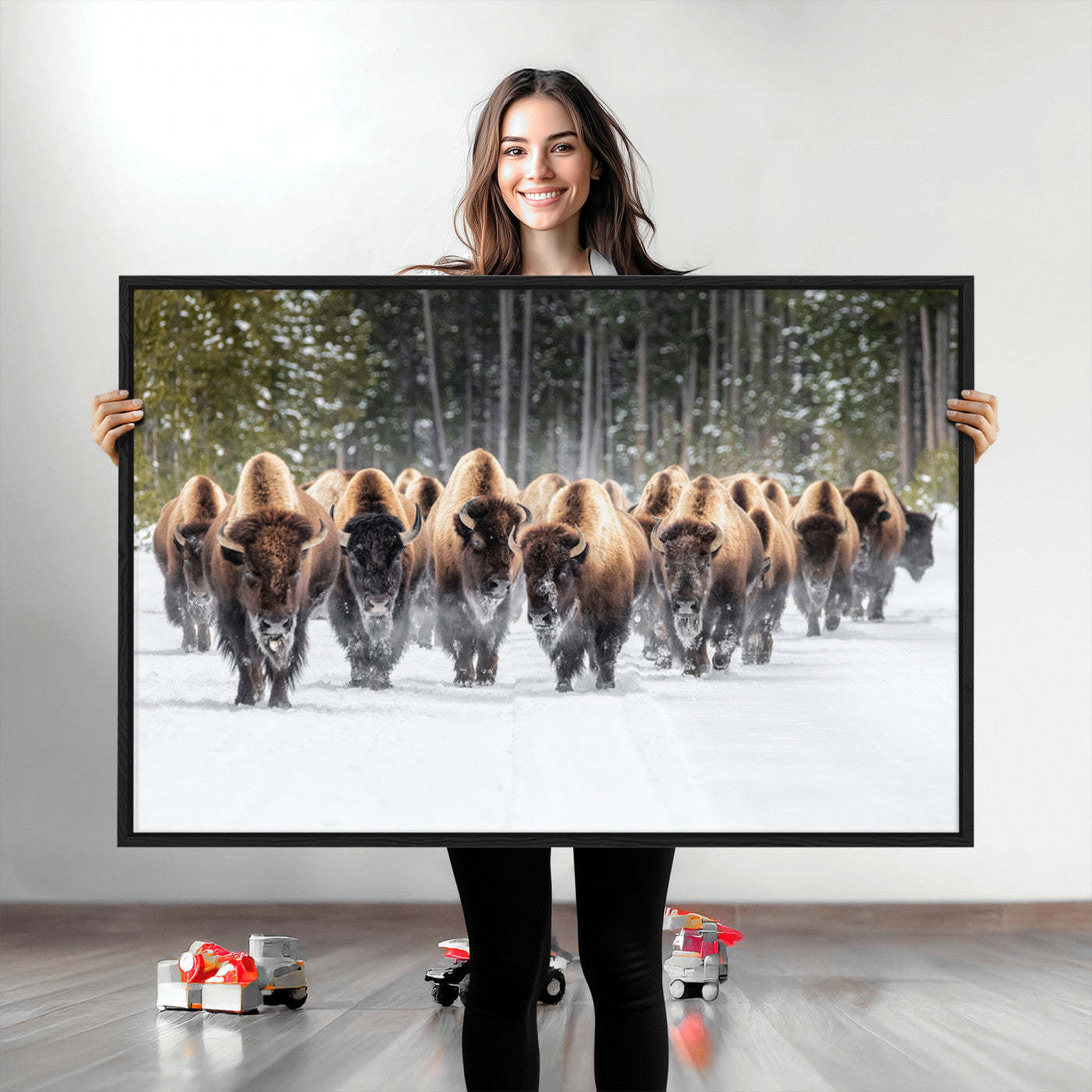 22695857-MGV-CV-36X24-Bison Herd Scene Wall Art Canvas Print, Framed Western Wildlife Art Picture Print, Rustic Animal Art Perfect Rustic Lodge Decor