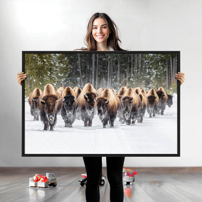 22695857-MGV-CV-36X24-Bison Herd Scene Wall Art Canvas Print, Framed Western Wildlife Art Picture Print, Rustic Animal Art Perfect Rustic Lodge Decor