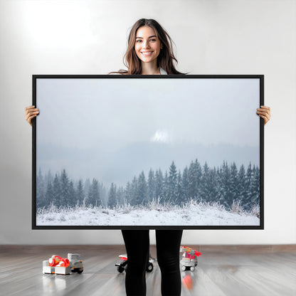 33033082-MGV-CV-36X24-Winter Forest Art Wall Art Canvas Print, Framed Snowy Landscape Art Picture Print, Misty Tree Scene Perfect Nordic Minimalist