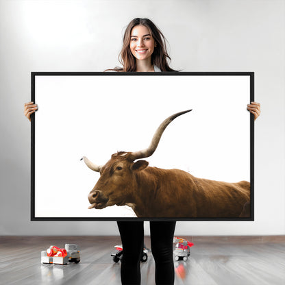 62566114-MGV-CV-36X24-Longhorn Cow Art Wall Art Canvas Print, Framed Rustic Animal Decor Art Picture Print, Texas Bull Photo Perfect Rustic Farmhouse