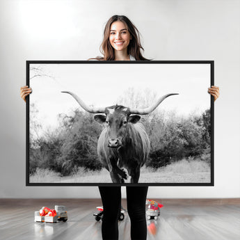 97280319-MGV-CV-36X24-Longhorn Photography Wall Art Canvas Print, Framed Western Cow Decor Art Picture Print, Texas Ranch Style Perfect Rustic Farmhouse