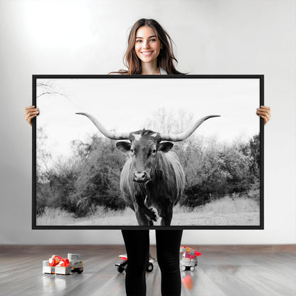 97280319-MGV-CV-36X24-Longhorn Photography Wall Art Canvas Print, Framed Western Cow Decor Art Picture Print, Texas Ranch Style Perfect Rustic Farmhouse