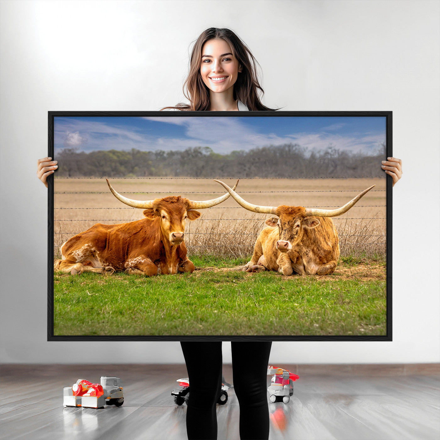 97244565-MGV-CV-36X24-Longhorn Duo Wall Art Canvas Print, Framed Cozy Ranch Vibes Art Picture Print, Western Ranch Decor Perfect Rustic Farmhouse Decor