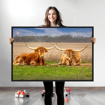 97244565-MGV-CV-36X24-Longhorn Duo Wall Art Canvas Print, Framed Cozy Ranch Vibes Art Picture Print, Western Ranch Decor Perfect Rustic Farmhouse Decor