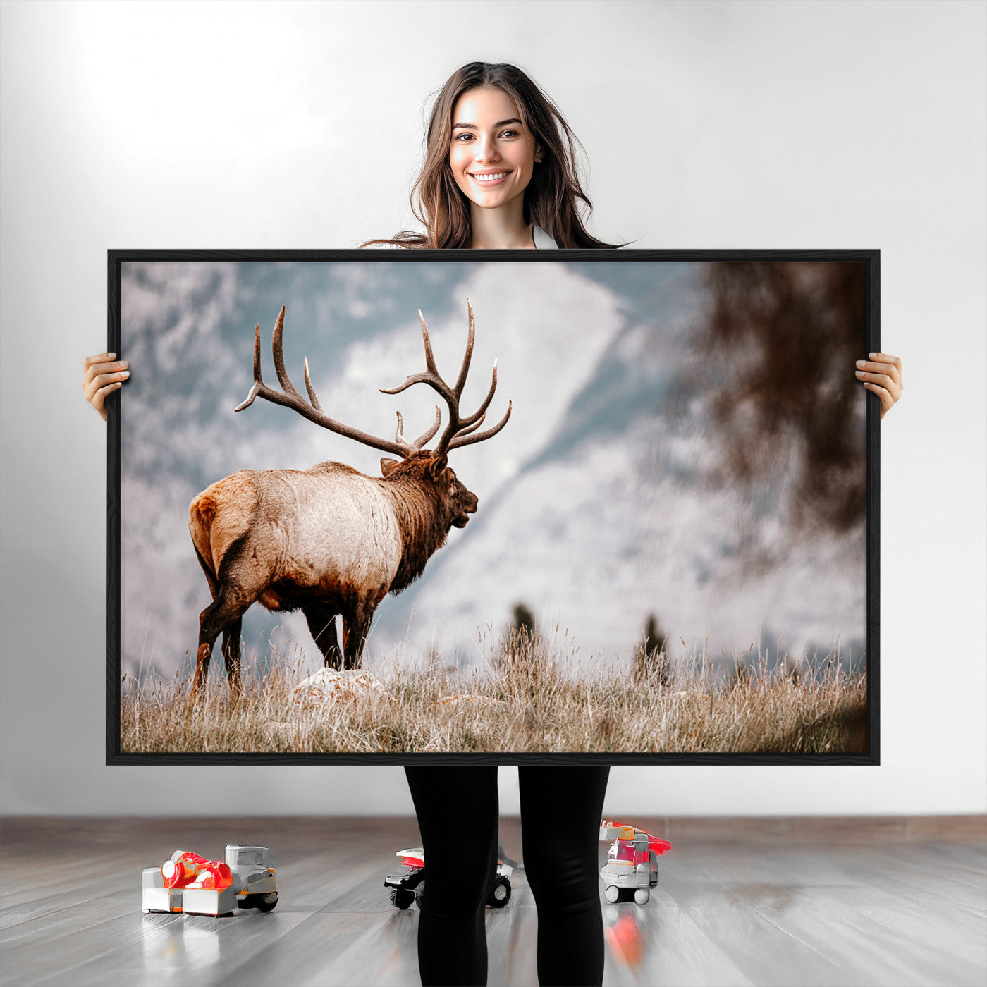 70489411-MGV-CV-36X24-Elk Photography Wall Art Canvas Print, Framed Mountain Wildlife Art Picture Print, Rustic Nature Decor Perfect Rustic Lodge Decor