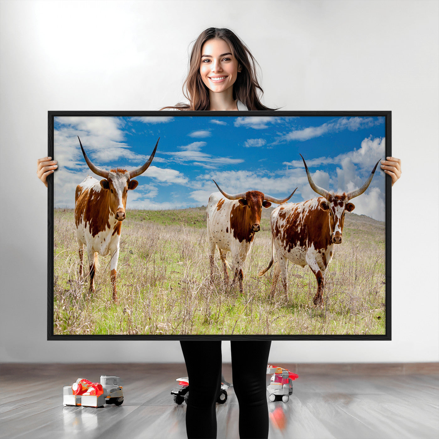 58099948-MGV-CV-36X24-Texas Longhorn Wall Art Canvas Print, Framed Western Decor Art Picture Print, Rustic Farmhouse Perfect Western Farmhouse Decor