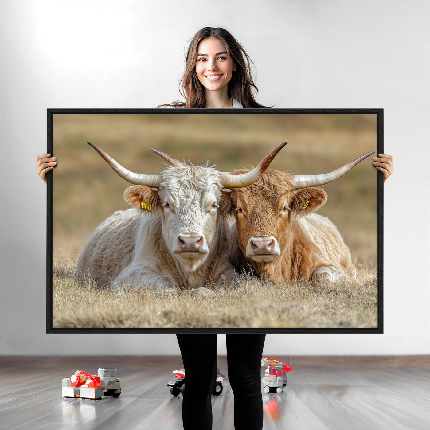 53388593-MGV-CV-36X24-Cow Photography Wall Art Canvas Print, Framed Rustic Animal Decor Art Picture Print, Texas Cow Pair Perfect Western Farmhouse