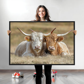 53388593-MGV-CV-36X24-Cow Photography Wall Art Canvas Print, Framed Rustic Animal Decor Art Picture Print, Texas Cow Pair Perfect Western Farmhouse