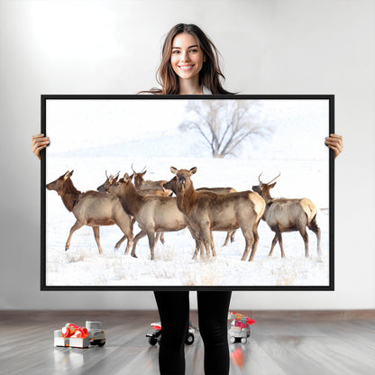 68738684-MGV-CV-36X24-Winter Elk Scene Wall Art Canvas Print, Framed Wildlife Photography Art Picture Print, Snowy Deer Decor Perfect Rustic Lodge Decor