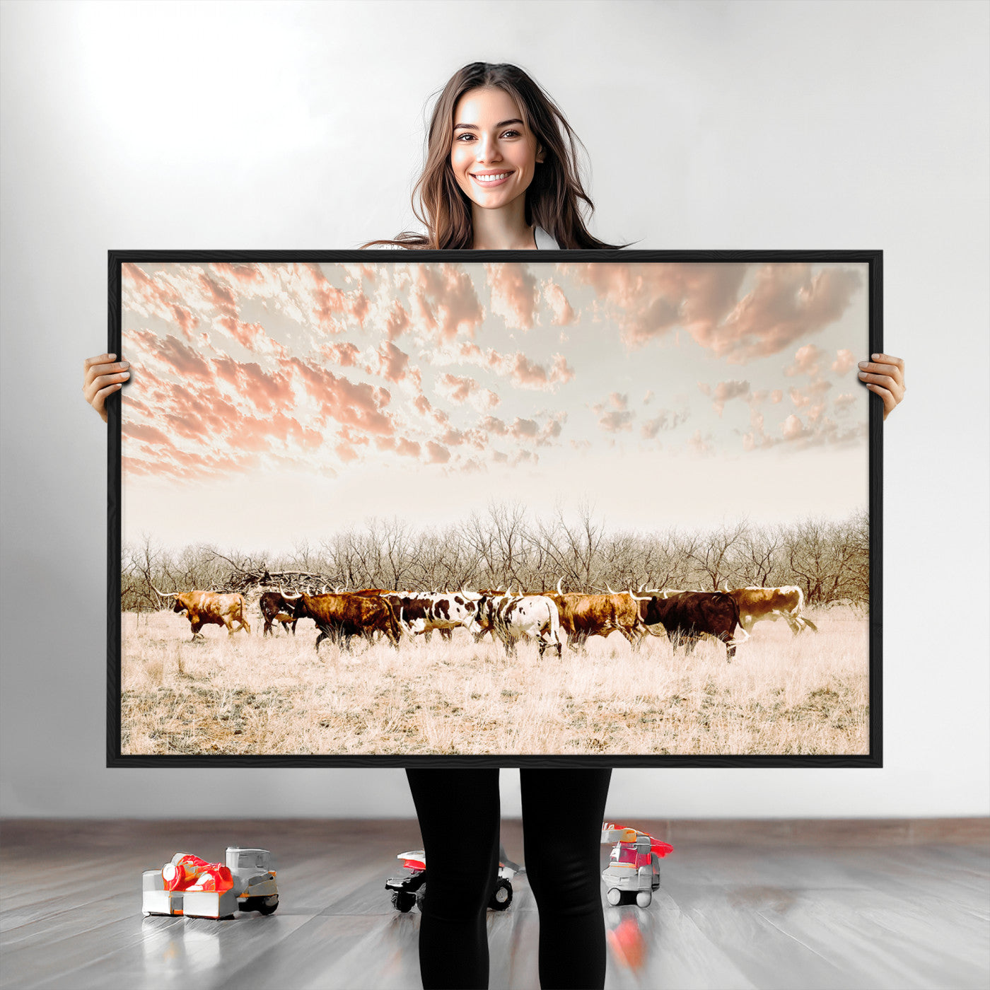 43704663-MGV-CV-36X24-Country Cow Herd Wall Art Canvas Print, Framed Farmhouse Cattle Scene Art Picture Print, Rustic Ranch Decor Perfect Rustic