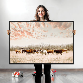 43704663-MGV-CV-36X24-Country Cow Herd Wall Art Canvas Print, Framed Farmhouse Cattle Scene Art Picture Print, Rustic Ranch Decor Perfect Rustic