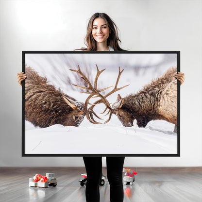 36507609-MGV-CV-36X24-Elk Clash Scene Wall Art Canvas Print, Framed Wildlife Strength Decor Art Picture Print, Snowy Forest Elk Perfect Rustic Lodge