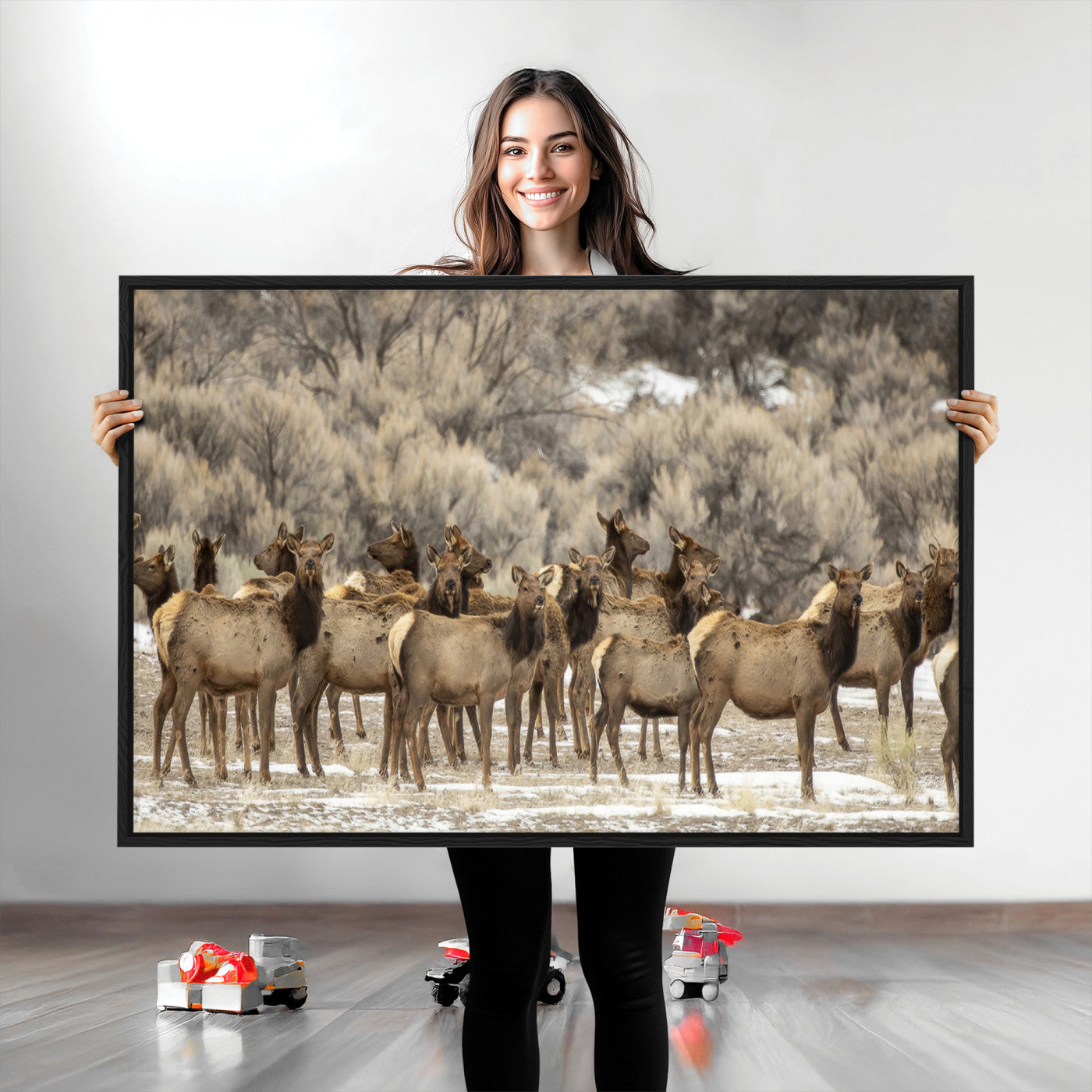 90269422-MGV-CV-36X24-Elk Herd Scene Wall Art Canvas Print, Framed Rustic Wildlife Decor Art Picture Print, Western Cabin Style Perfect Rustic Lodge