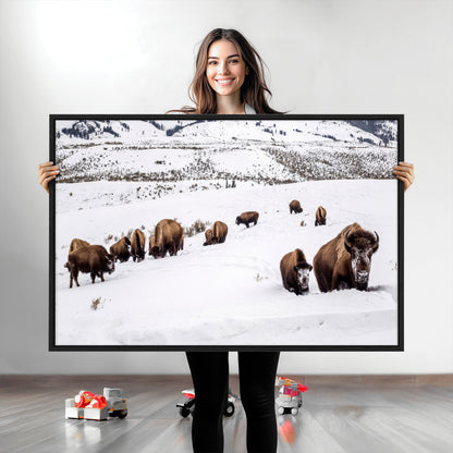 13891210-MGV-CV-36X24-Bison Herd Scene Wall Art Canvas Print, Framed Western Wildlife Decor Art Picture Print, Snowy Mountain Valley Perfect Rustic