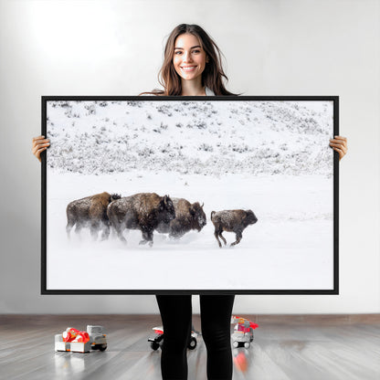 56216945-MGV-CV-36X24-Bison Herd Decor Wall Art Canvas Print, Framed Snowy Bison Scene Art Picture Print, Winter Wildlife Theme Perfect Rustic Western