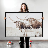 48161868-MGV-CV-36X24-Longhorn Cow Decor Wall Art Canvas Print, Framed Rustic Cattle Art Picture Print, Sepia Western Vibe Perfect Neutral Rustic