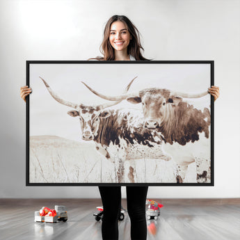 48161868-MGV-CV-36X24-Longhorn Cow Decor Wall Art Canvas Print, Framed Rustic Cattle Art Picture Print, Sepia Western Vibe Perfect Neutral Rustic