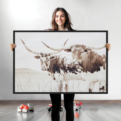 48161868-MGV-CV-36X24-Longhorn Cow Decor Wall Art Canvas Print, Framed Rustic Cattle Art Picture Print, Sepia Western Vibe Perfect Neutral Rustic