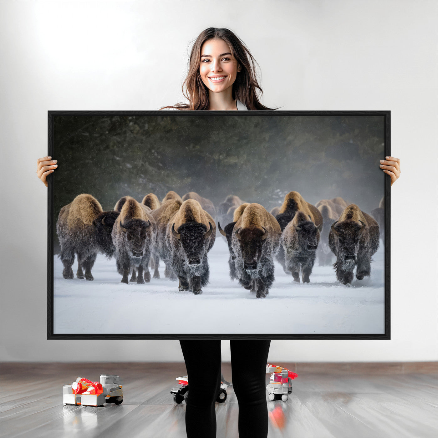41669135-MGV-CV-36X24-Bison Herd Scene Wall Art Canvas Print, Framed Rustic Wildlife Decor Art Picture Print, Snowy Bison Landscape Perfect Rustic