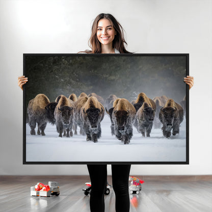 41669135-MGV-CV-36X24-Bison Herd Scene Wall Art Canvas Print, Framed Rustic Wildlife Decor Art Picture Print, Snowy Bison Landscape Perfect Rustic
