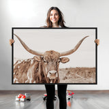 77810049-MGV-CV-36X24-Longhorn Bull Photo Wall Art Canvas Print, Framed Rustic Cow Decor Art Picture Print, Neutral Farmhouse Style Perfect Rustic
