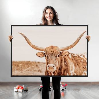 74406977-MGV-CV-36X24-Longhorn Bull Decor Wall Art Canvas Print, Framed Western Cow Theme Art Picture Print, Rustic Farmhouse Wall Perfect Neutral