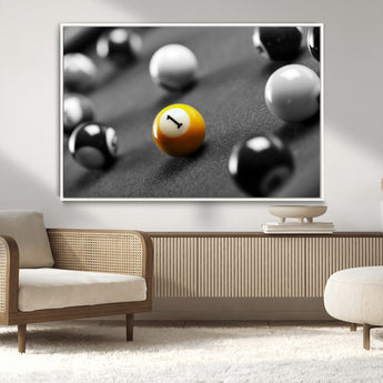 52108-MGV-CV-36X24-Precision Pool Table Wall Art – Close Up Yellow 1 Ball Canvas Print, Hand-Played Billiards Game Decor for Office, Game Room, or