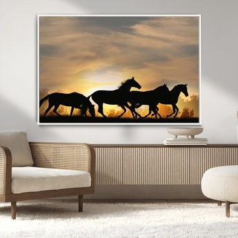 16620-MGV-CV-36X24-Sunset Stallions Wall Art – Silhouetted Horses Running Canvas Print, Nature’s Rhythm, Perfect for Living Room, Office, or Man Cave