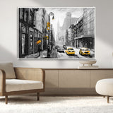 32362-MGV-CV-36X24-NYC Street Wall Art – Black and White Cityscape with Yellow Taxis and Umbrella Canvas Print, Urban Home Decor for Living Room or