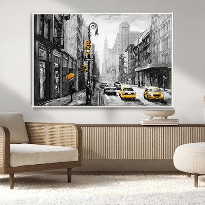 32362-MGV-CV-36X24-NYC Street Wall Art – Black and White Cityscape with Yellow Taxis and Umbrella Canvas Print, Urban Home Decor for Living Room or