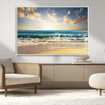 13139-MGV-CV-36X24-Sunrise Beach Wall Art – Ocean Waves and Golden Sand Canvas Print, Coastal Home Decor for Living Room, Bedroom, or Office