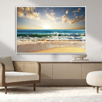 13139-MGV-CV-36X24-Sunrise Beach Wall Art – Ocean Waves and Golden Sand Canvas Print, Coastal Home Decor for Living Room, Bedroom, or Office