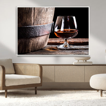 50839-MGV-CV-36X24-Barrel & Brandy Wall Art – Rustic Whiskey Barrel and Brandy Glass Canvas Print, Elegant Home Bar or Lounge Decor for Office, Man